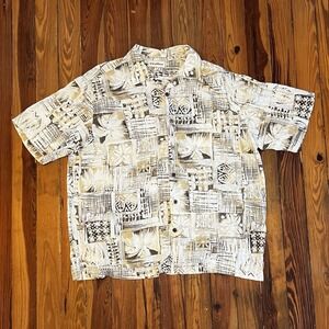Caribbean Hawaiian Shirt XL Beige Brown Abstract Print‎ Short Sleeve Button-Up